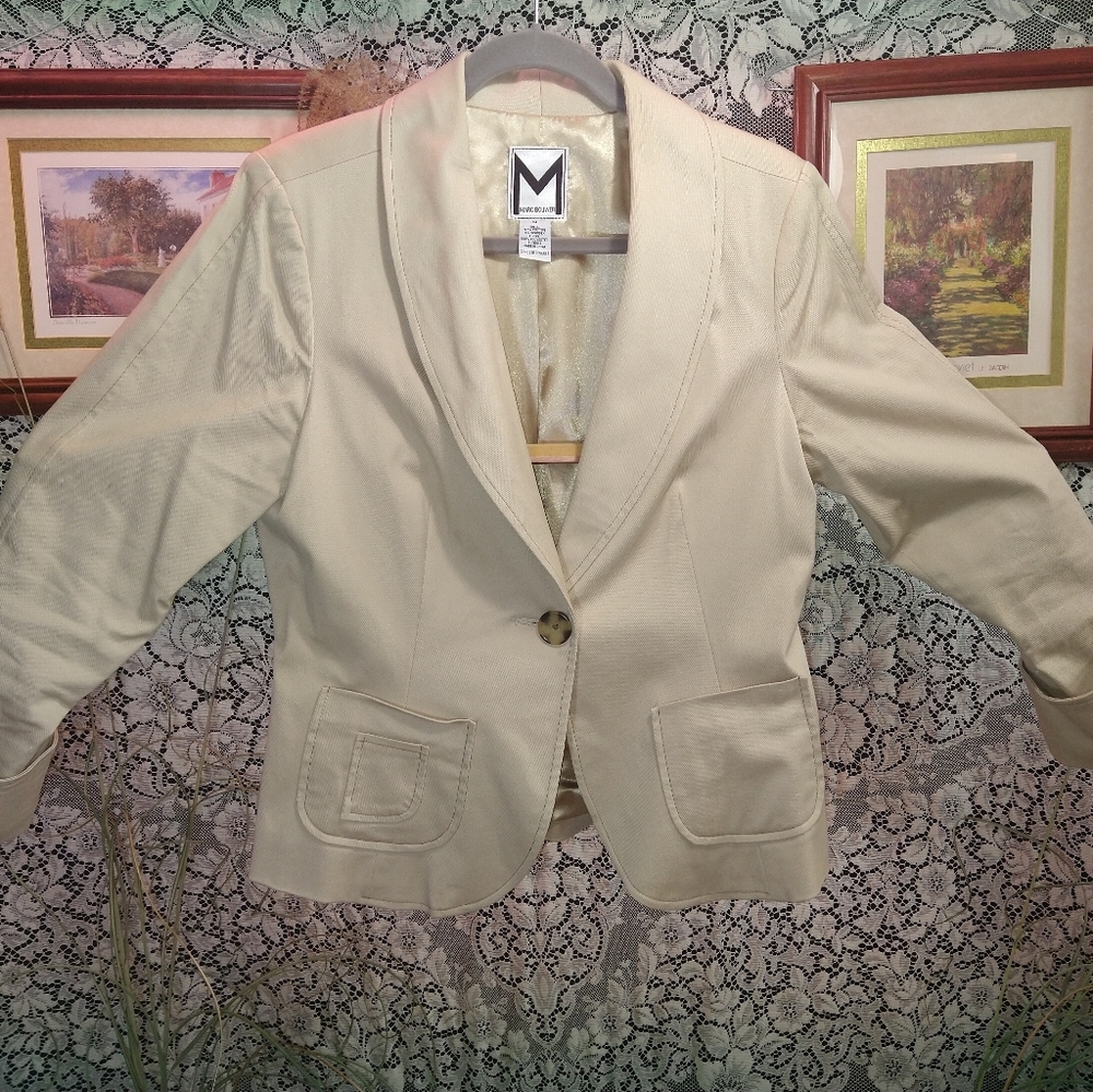 Marc Bouwer cream tan corduroy feel long sleeve blazer jacket padded shoulders